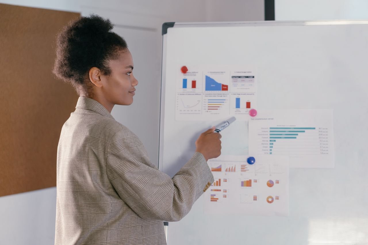 Mastering the First Impression: Your intriguing post title goes here Professional woman in a blazer discusses finance graphs on a whiteboard during a presentation.